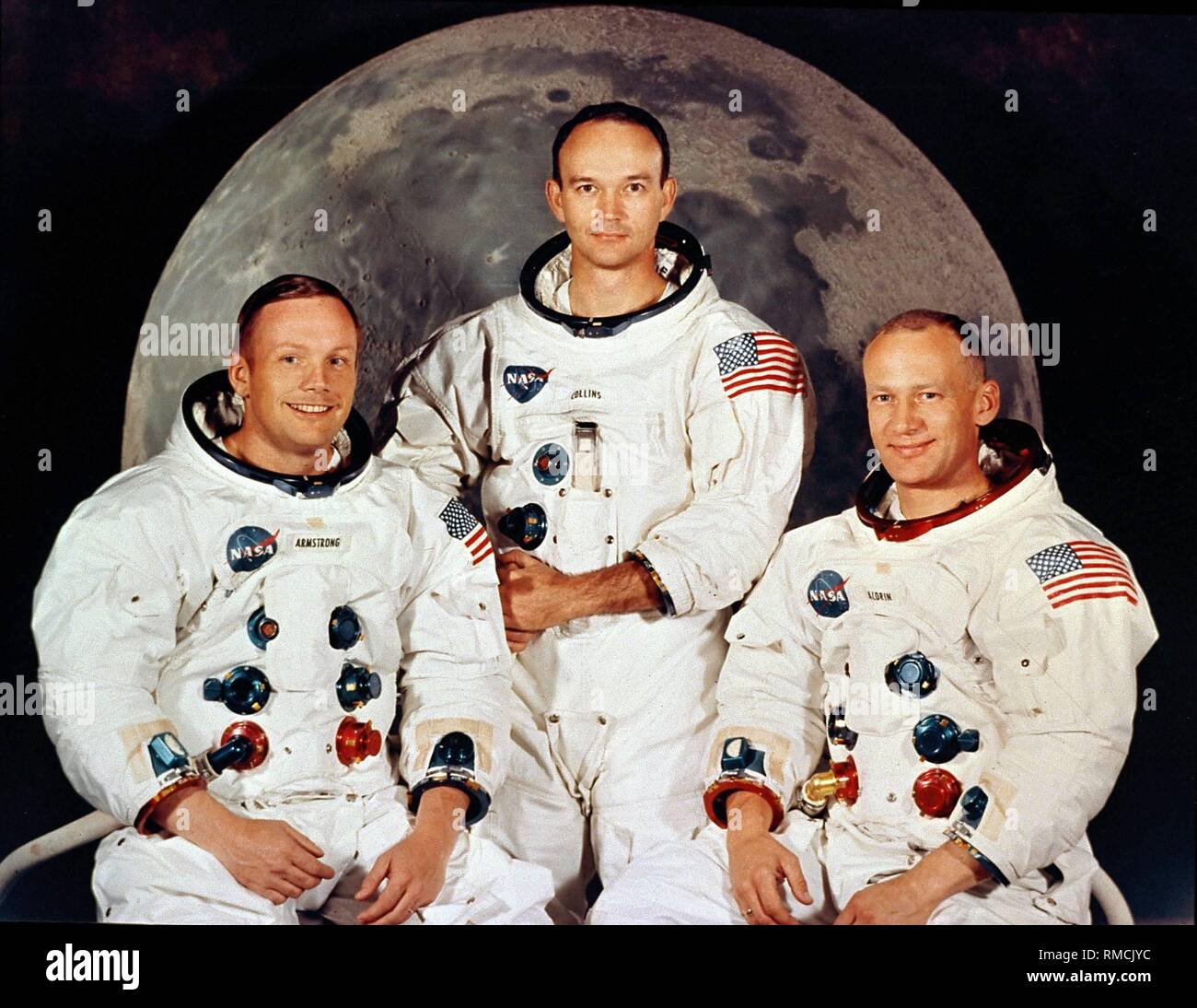 The crew of the Apollo 11 mission: Niel A. Armstrong, Michael Collins and Edwin 'Buzz' Aldrin (from left to right ). Apollo 11 was the first manned Moon landing mission, making it the most significant space mission for humanity. Stock Photo