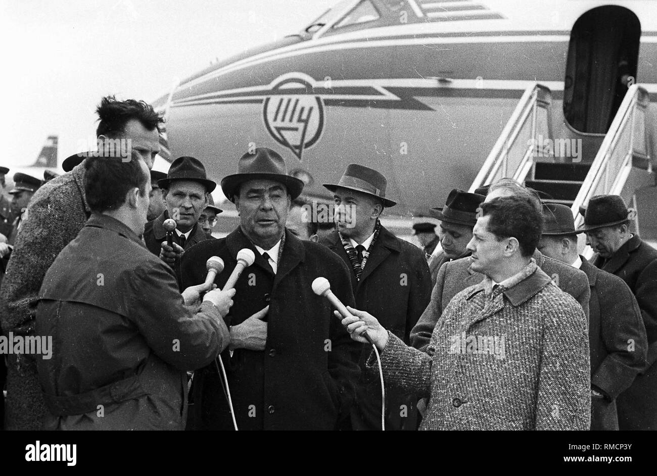 Soviet General Secretary Leonid Brezhnev is being interviewed at the Erfurt Airport. Stock Photo