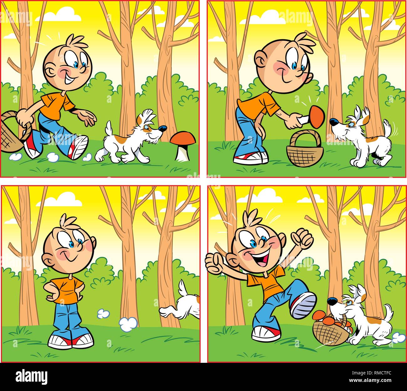 The illustration shows a cartoon boy with a dog that collects mushrooms in the forest. The illustration is made in style comic Stock Vector