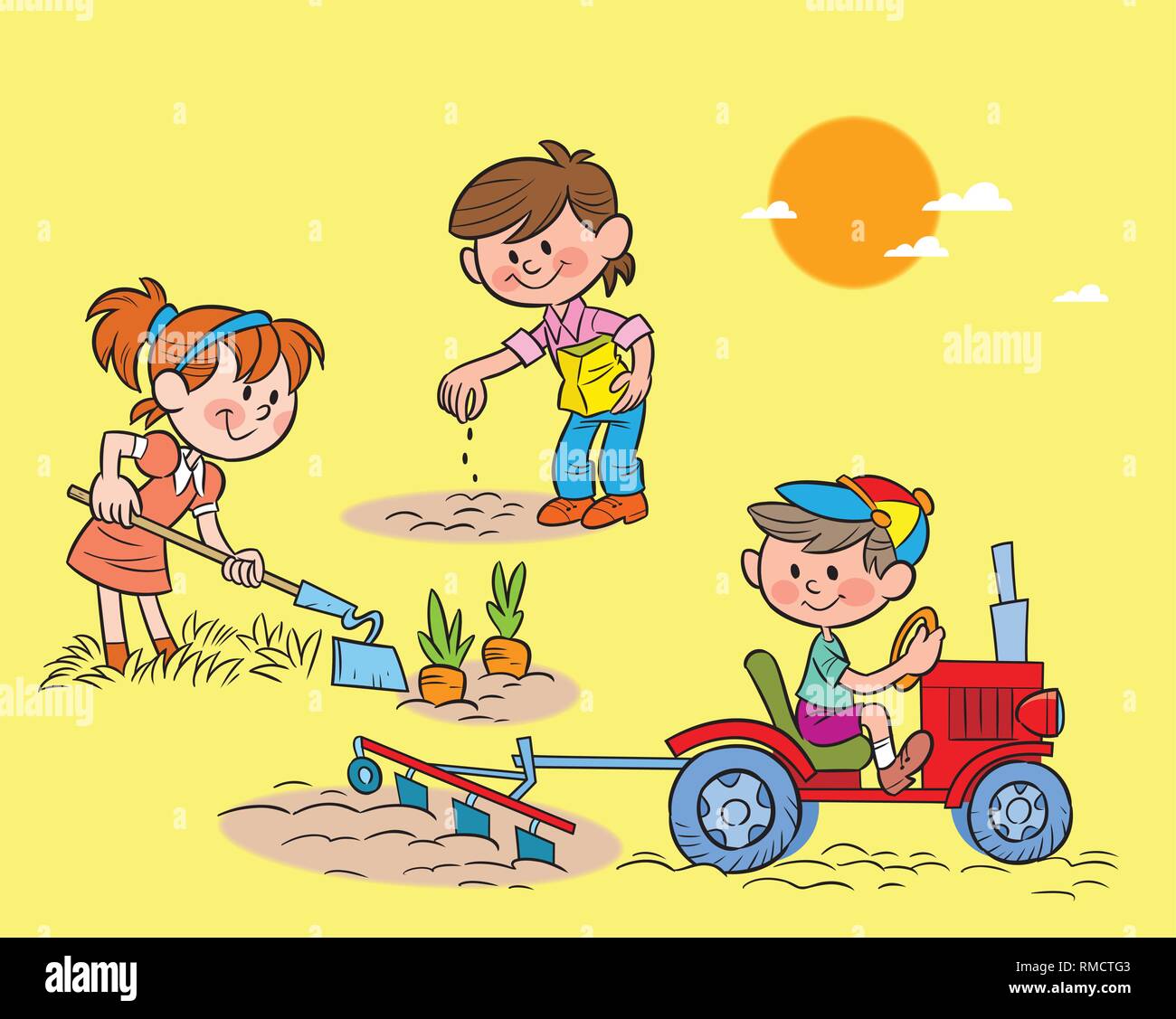 The illustration shows children working in the garden with different tools Stock Vector