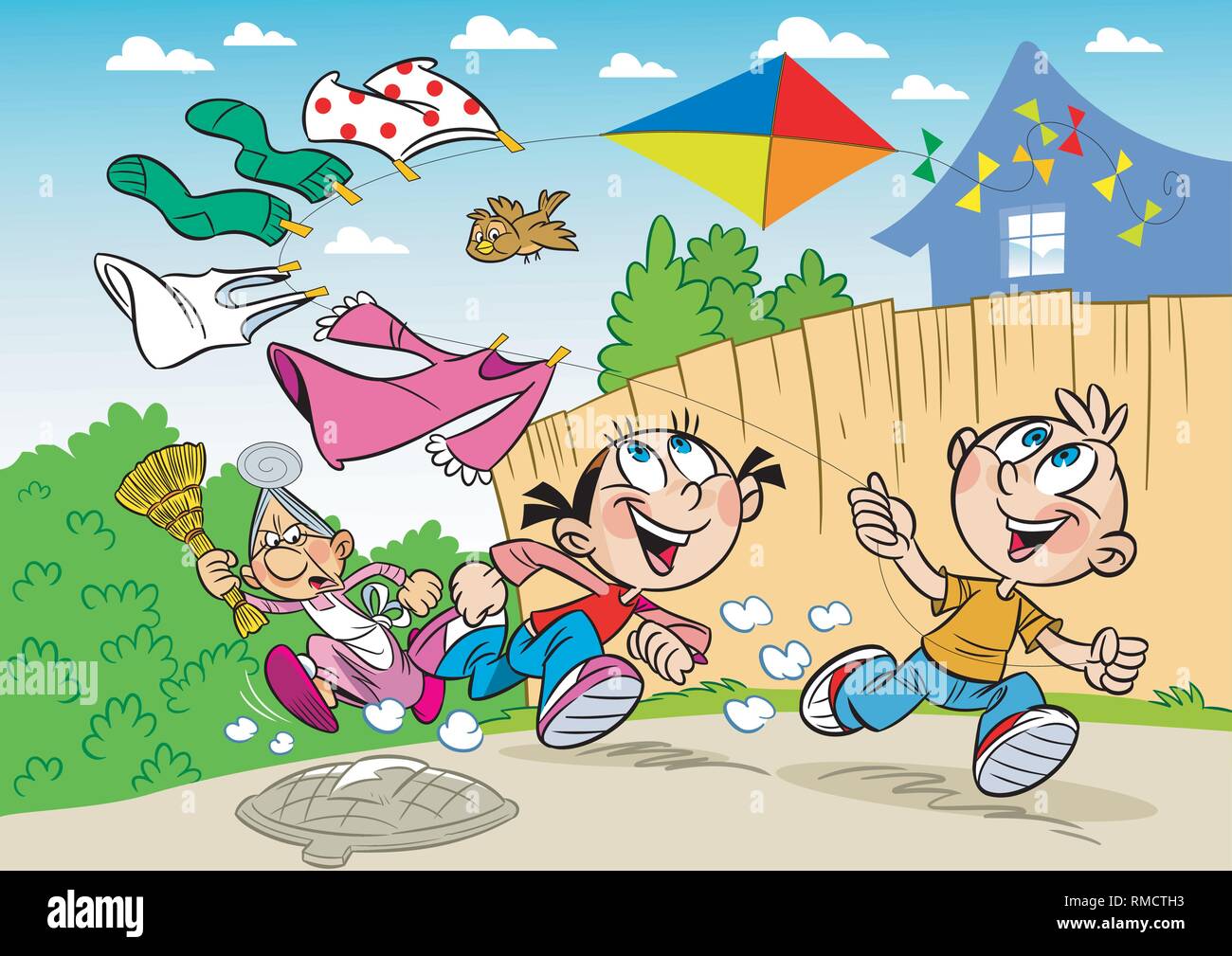 The illustration shows a boy and a girl on vacation in the countryside. They frolic and launch a kite. Stock Vector