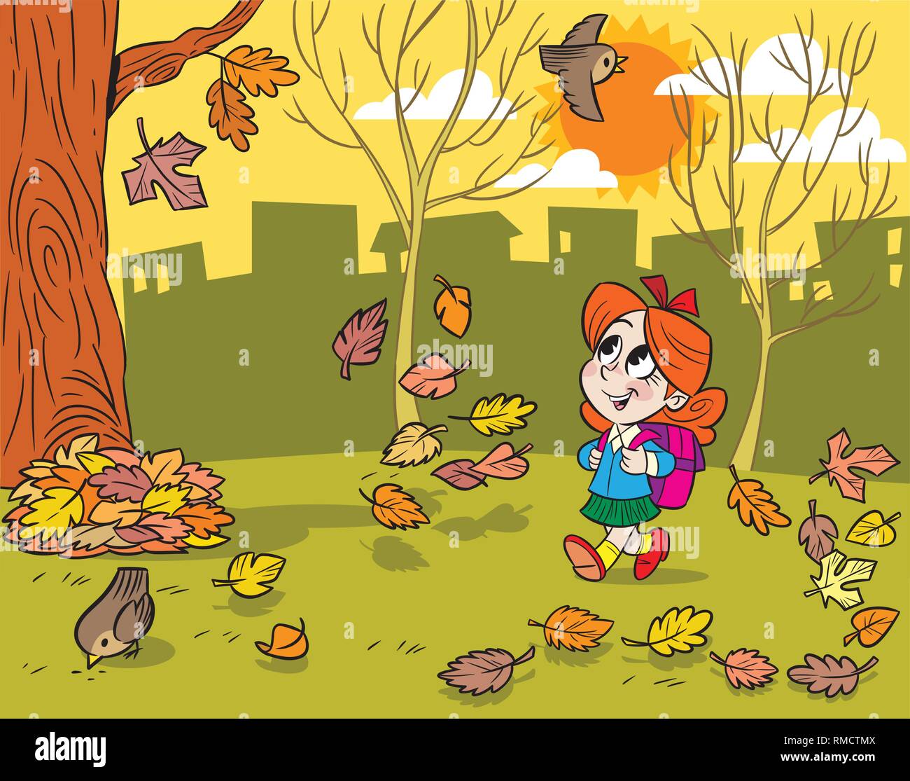 The illustration shows a little schoolgirl with a backpack. She goes to school through the park and looks at the falling leaves. Illustration done in  Stock Vector