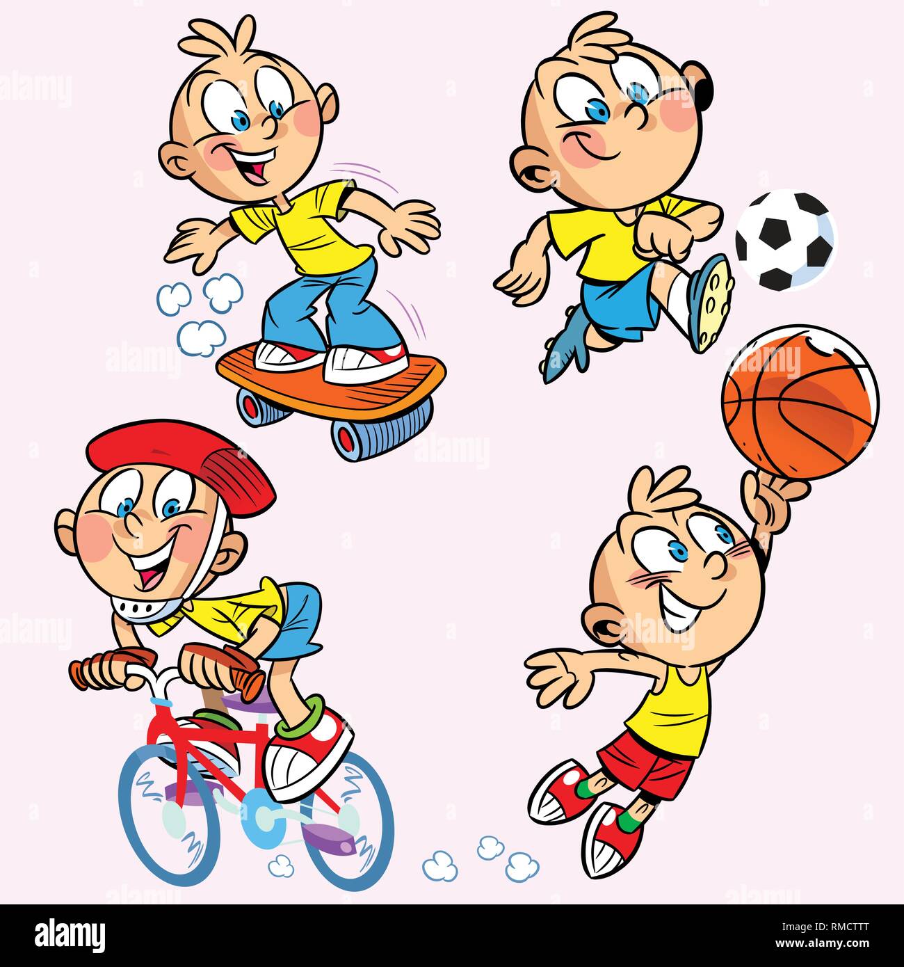 The illustration shows a boy who is engaged in several sports.Illustration done on separate layers, in a cartoon style. Stock Vector