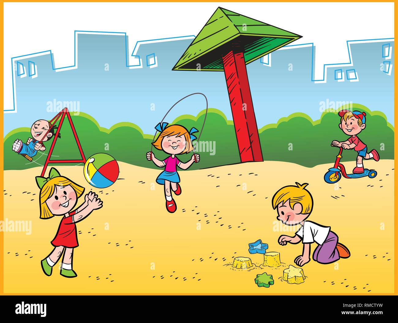 The illustrated several kids in a sandbox.They play ball, jump, play in the sand.An illustration is divided into layers. Stock Vector