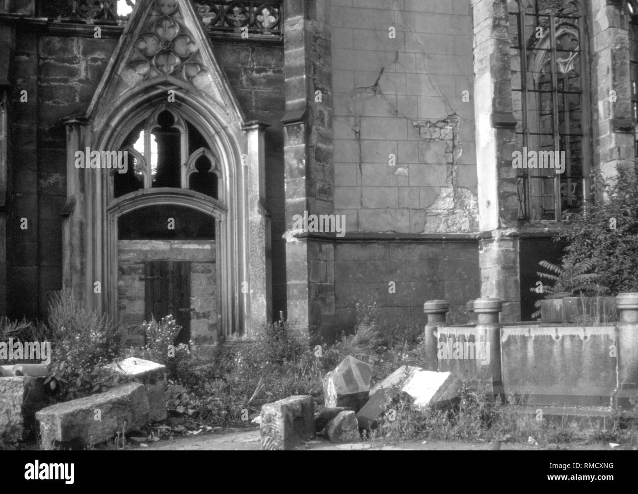 Fragments of the ruin of the Sophienfirche destroyed in an raid on February 13, 1945, at Postplatz in Dresden, demolished in 1962 on order of the head of SED, Walter Ulbricht. Photo from May 1, 1977. Stock Photo