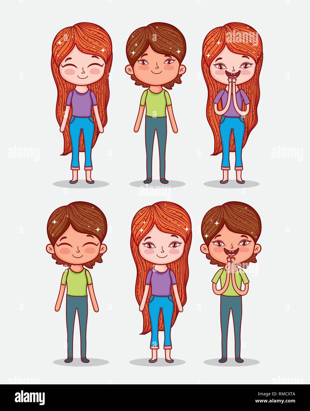Set Cute Boys And Girls With Hairstyle And Clothes Stock Vector Image Art Alamy