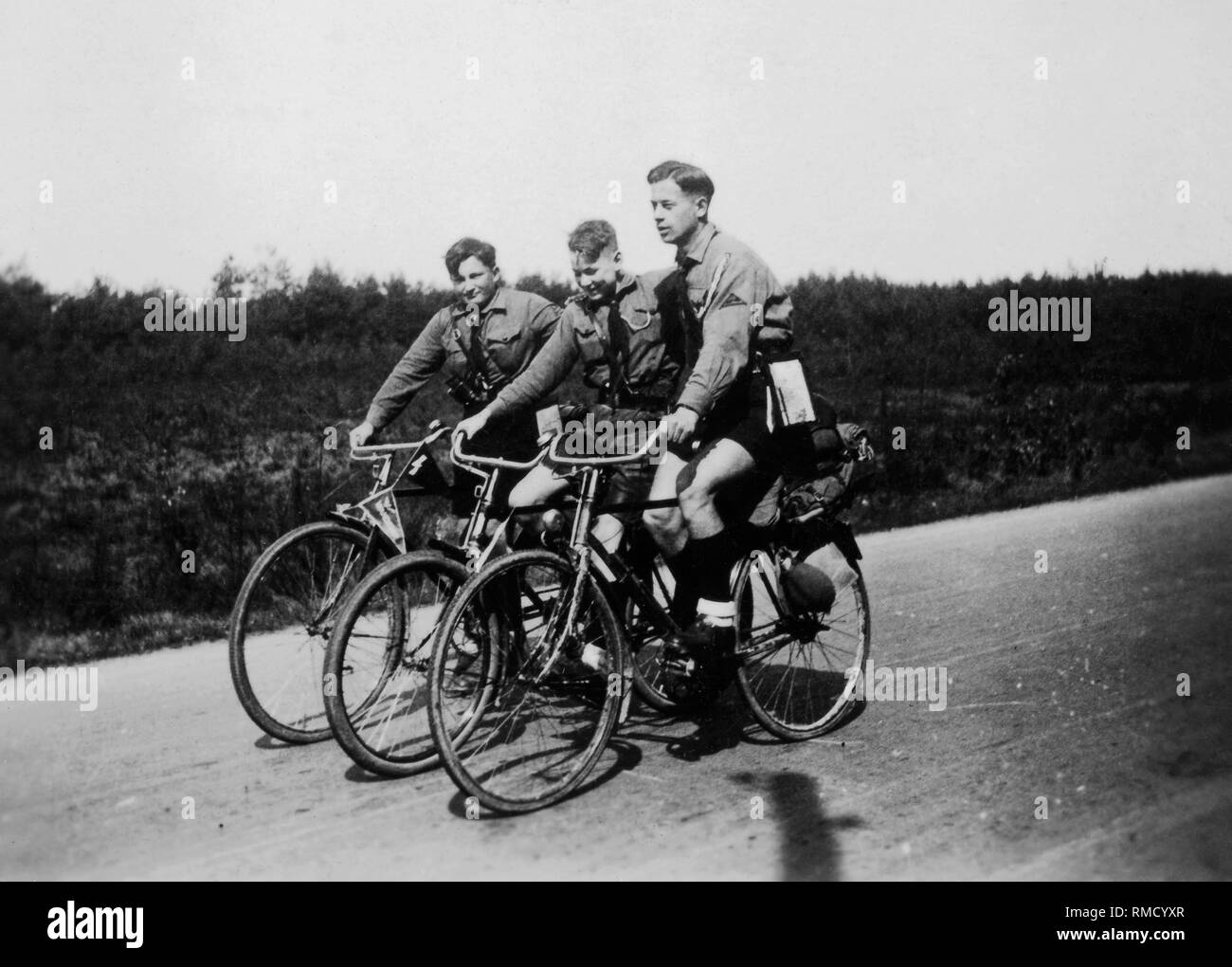 A group of Hitler Youth boys with their bicycles during a tour in Franconian Switzerland. Stock Photo
