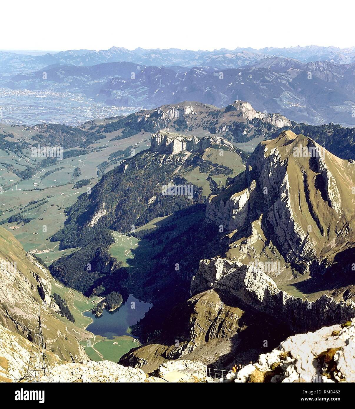 View from the Saentis (2500 meters altitude) to the Alpstein area and the Rhine Valley. Stock Photo