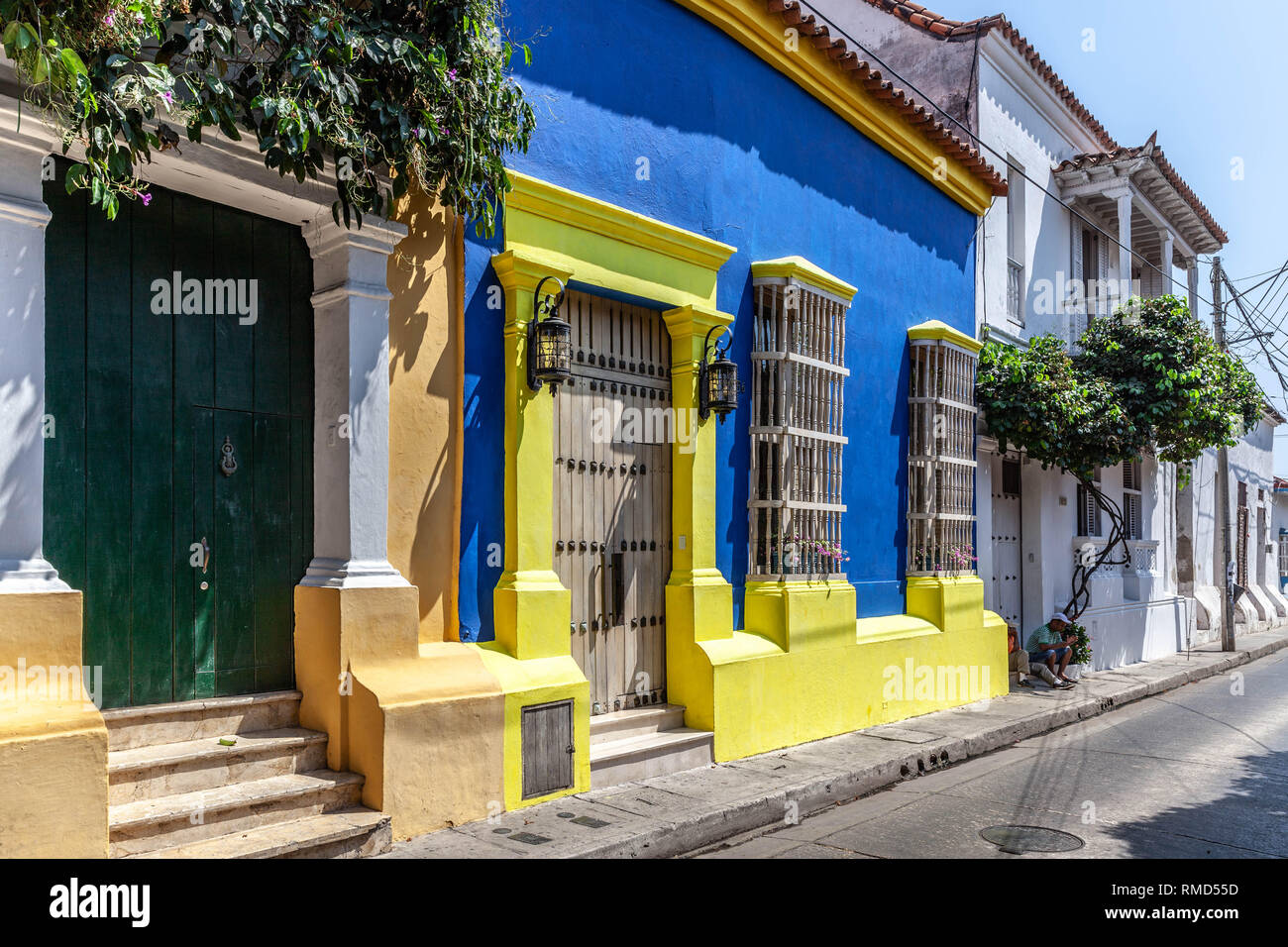 Colourful house facade, Barrio San Diego, Cartagena de Indias, Colombia. Stock Photo
