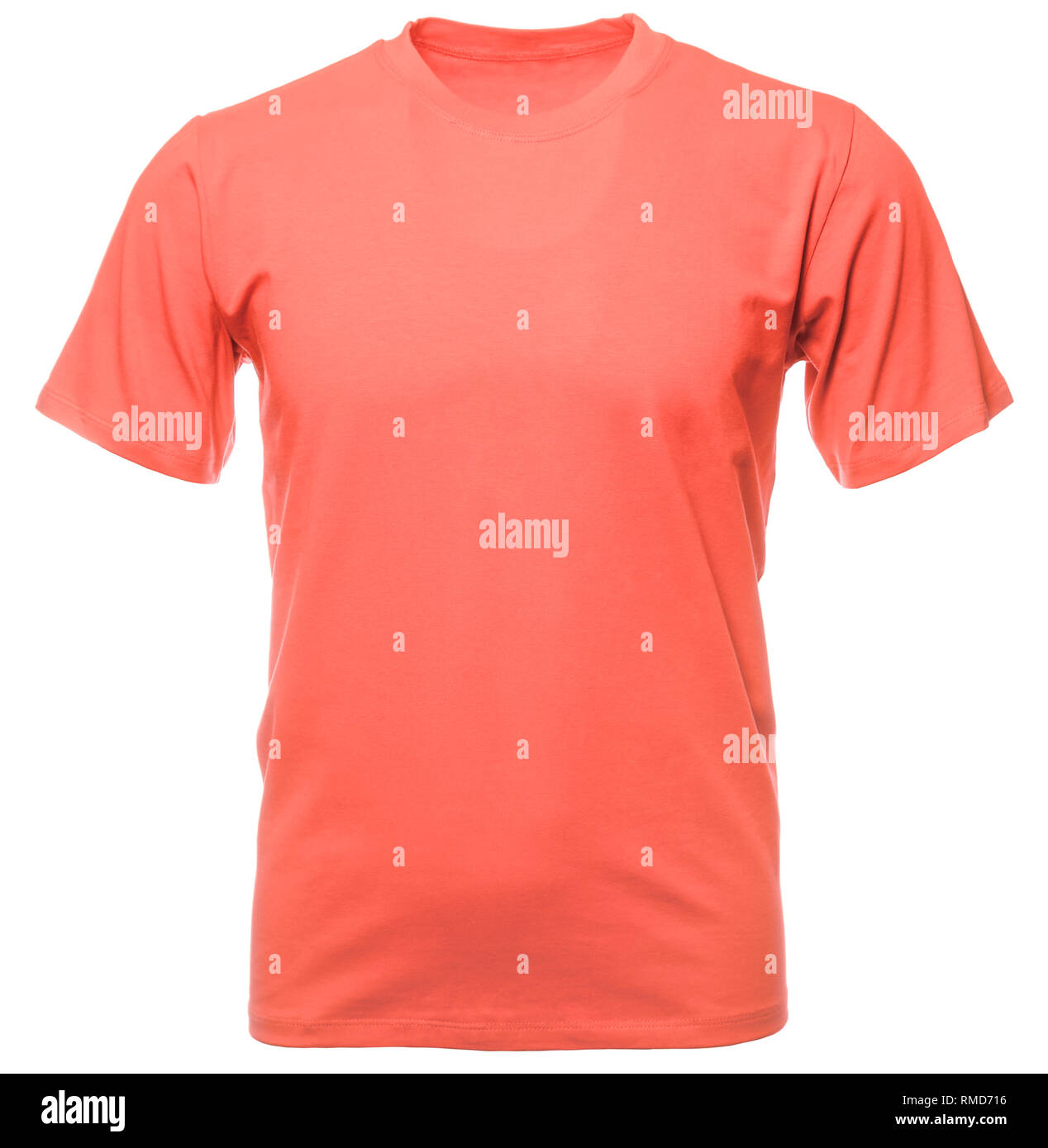 Living coral trendy color of the year 2019 shortsleeve cotton T-Shirt on hollow invisible mannequin isolated on a white background Stock Photo