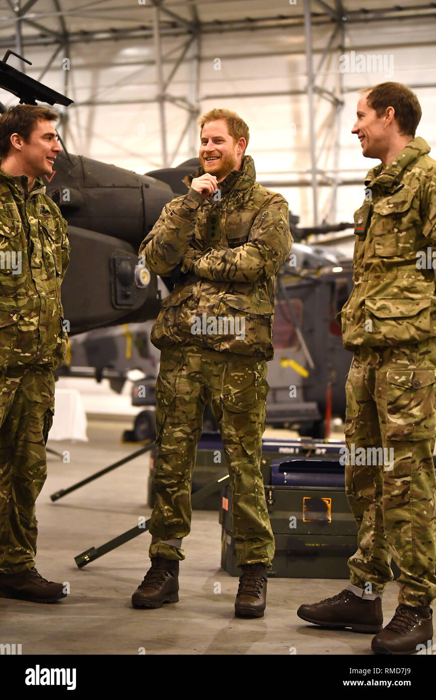 The Duke of Sussex talks to service personnel during a visit to Exercise Clockwork in Bardufoss, Norway, for a celebration of the 50th anniversary of the Commando Helicopter Force and Joint Helicopter Command deploying for extreme cold weather training. Stock Photo