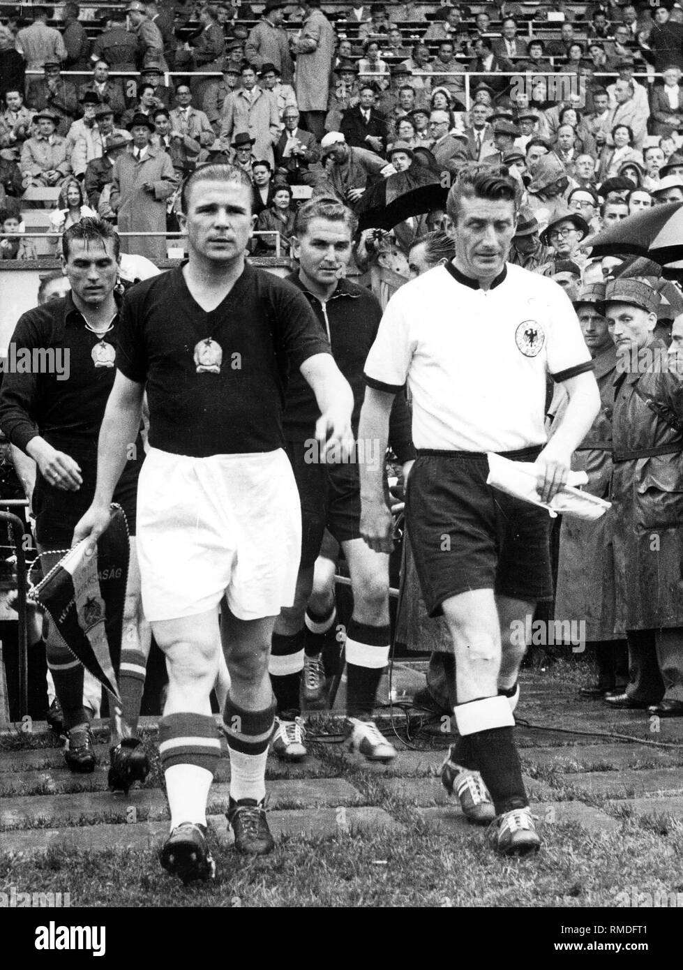 The captain of the German national team Fritz Walter and the captain of the Hungarian national team Ferenc Puskas lead their team on the field to the final of the 1954 FIFA World Cup in Wankdorf Stadium. Stock Photo