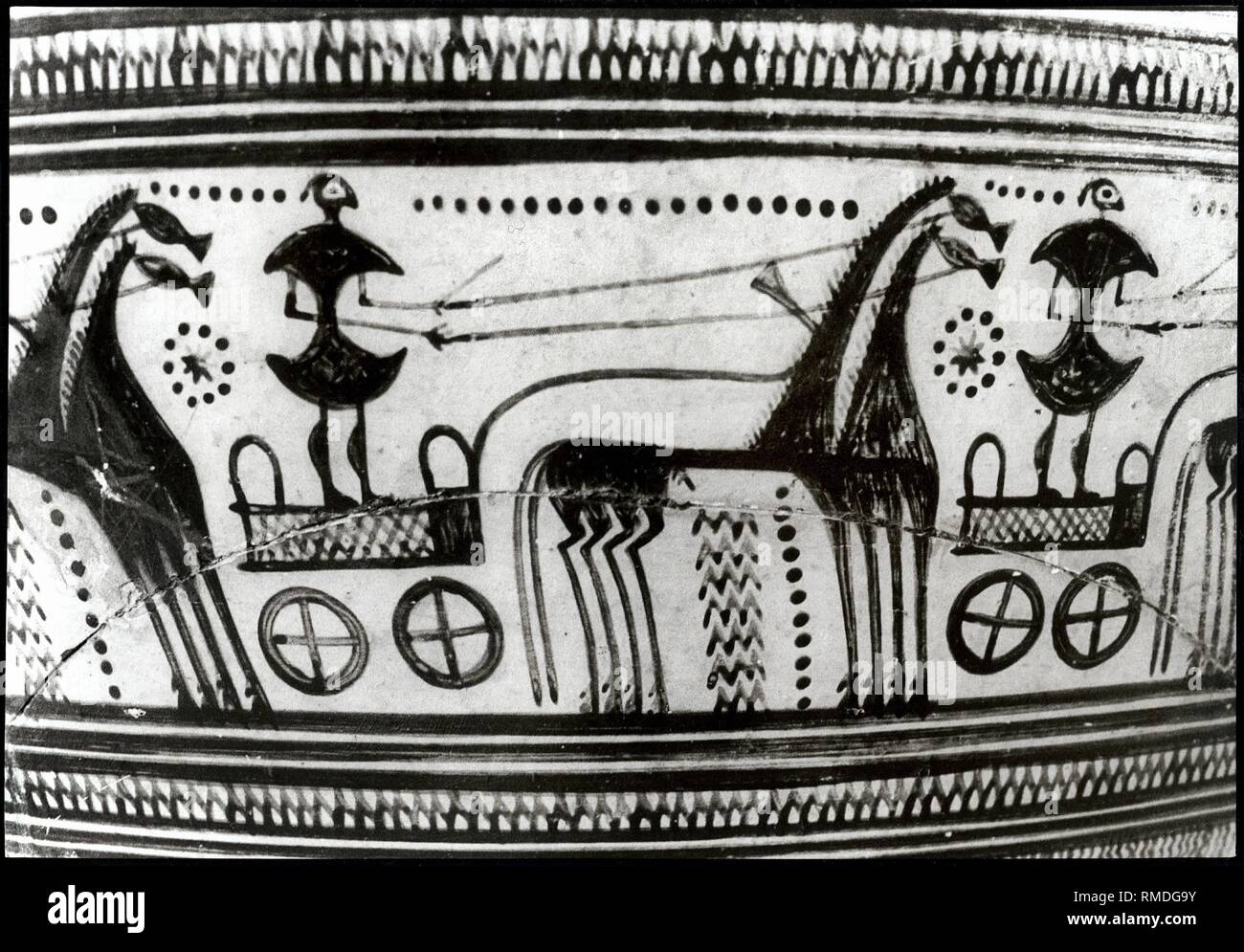 Greece, antique vase painting, 750-735 BC, seen in the National Museum of Athens, 1982. Stock Photo