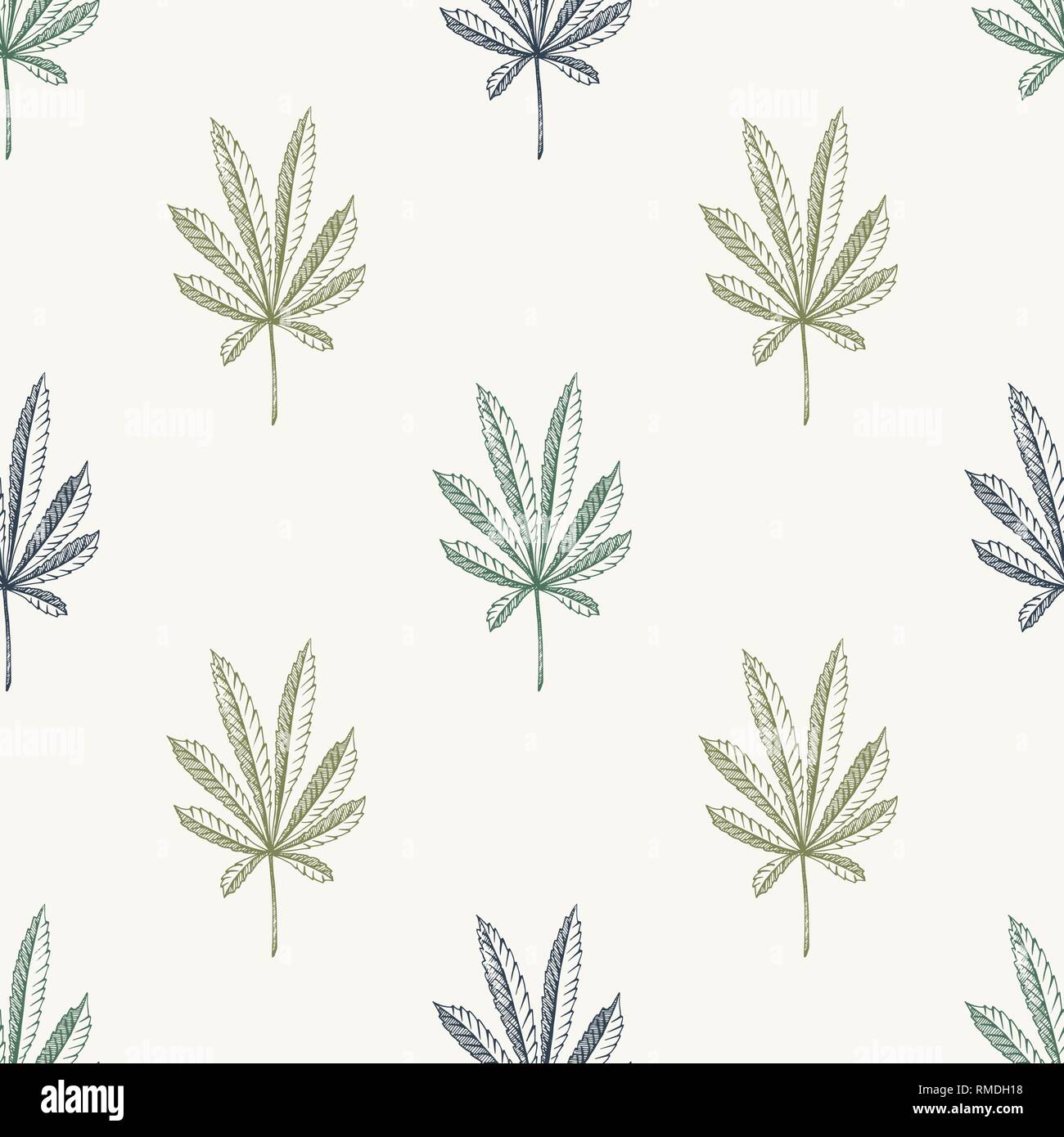 Vector simple Seamless pattern of hemp plant on a beige background cannabis texture Stock Vector