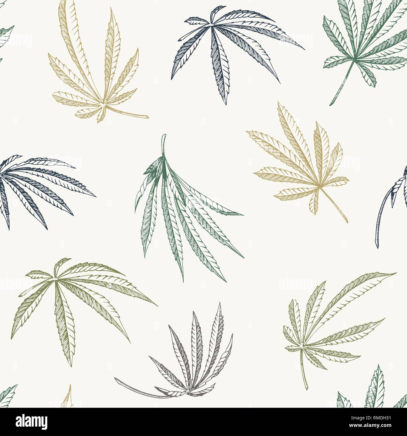 Vector colorful Seamless pattern of hemp plant on a beige background cannabis texture Stock Vector