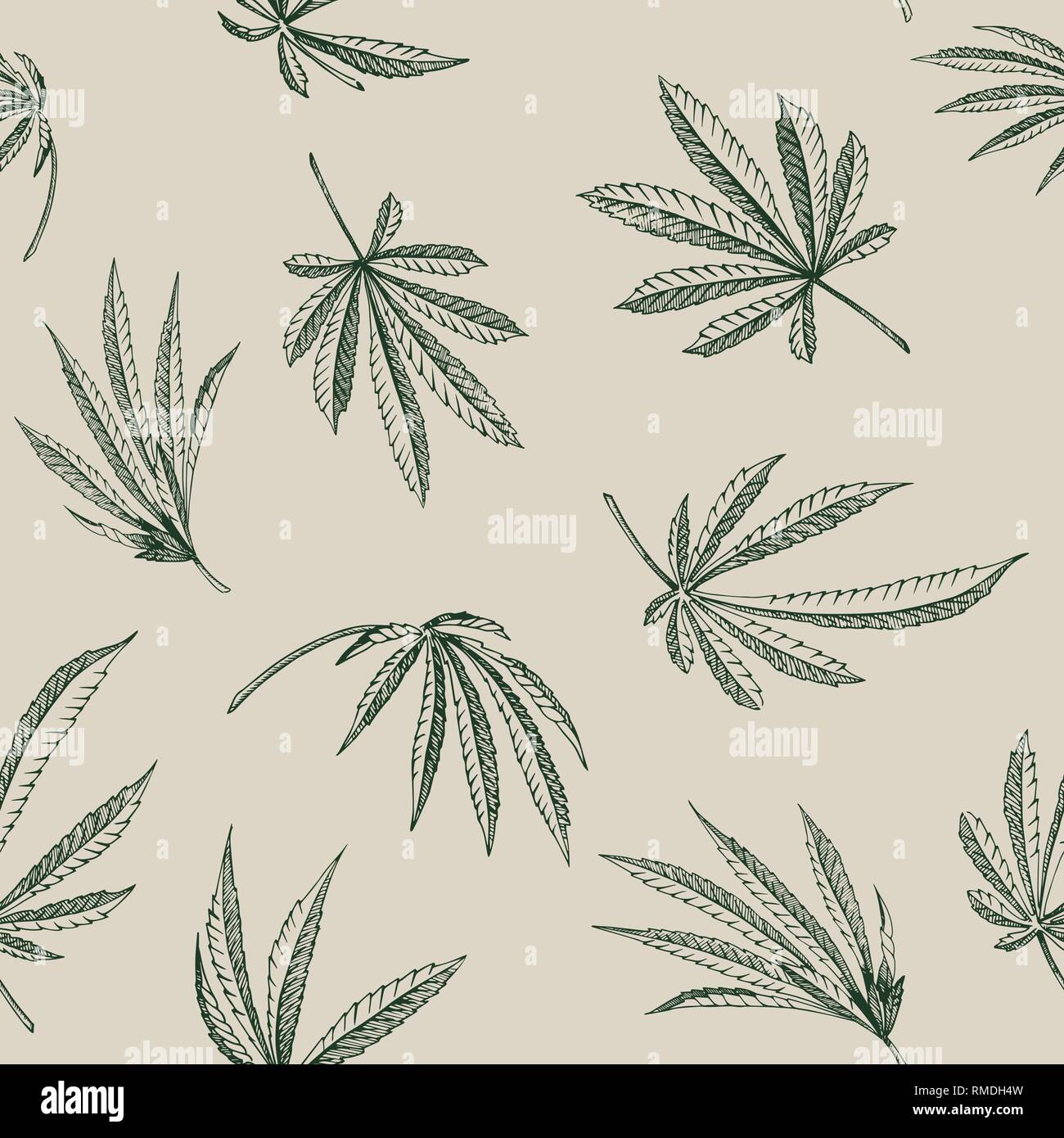 Vector outline Seamless pattern of hemp plant on a beige background cannabis texture Stock Vector