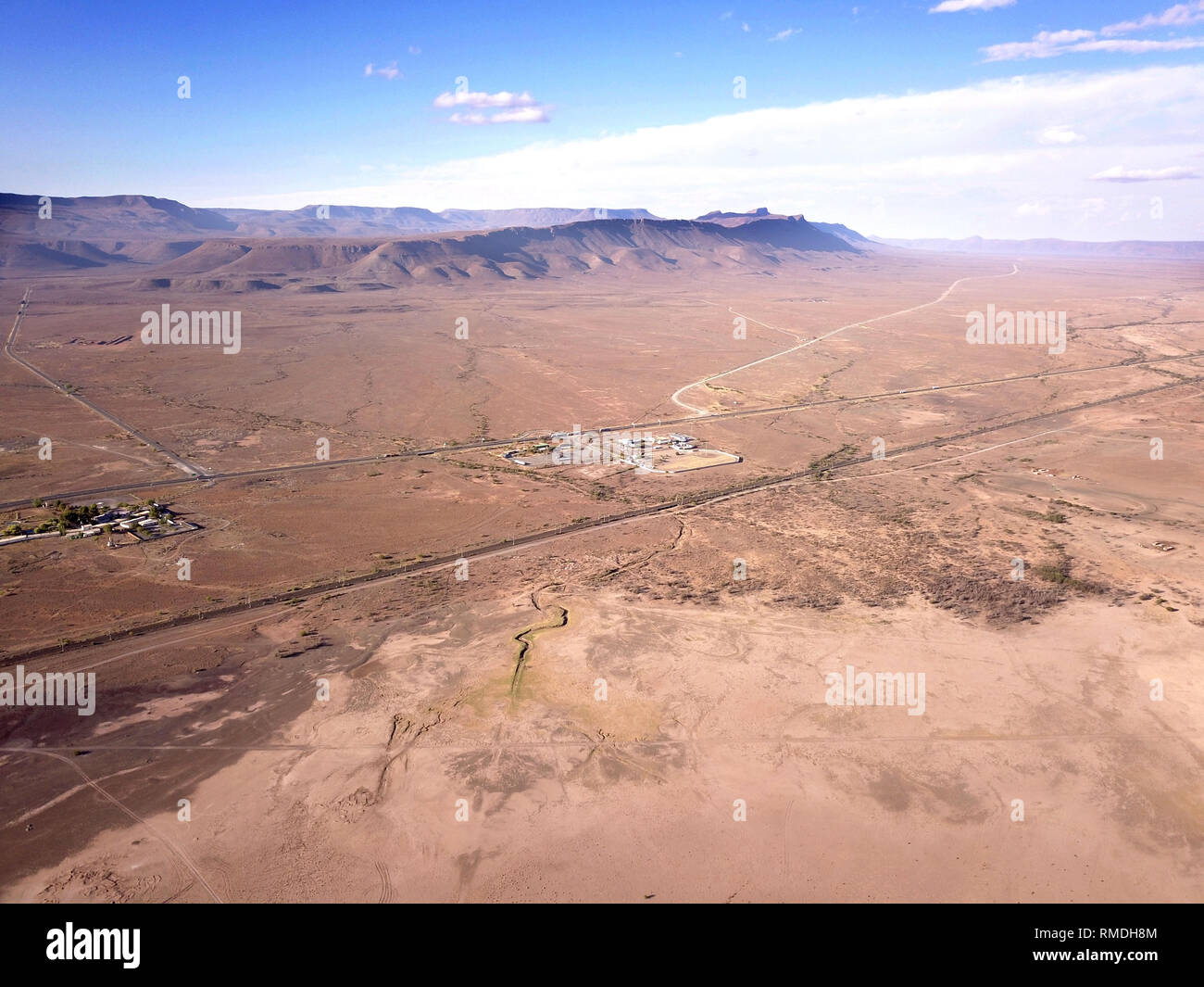 aerial over a desert town Stock Photo