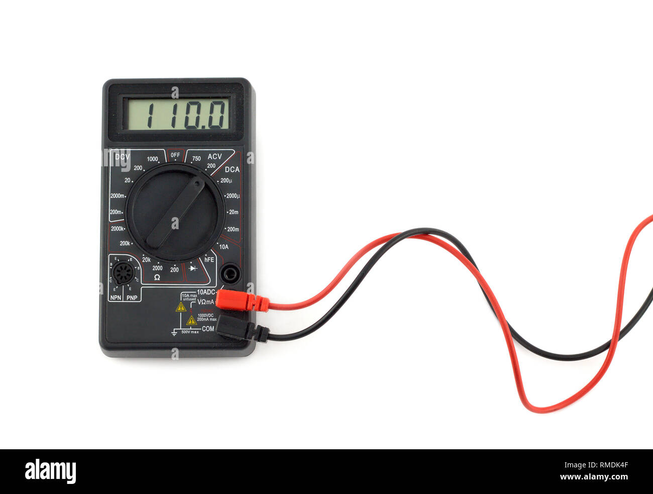 Digital multimeter with red and black wires shows 110 volts on LCD