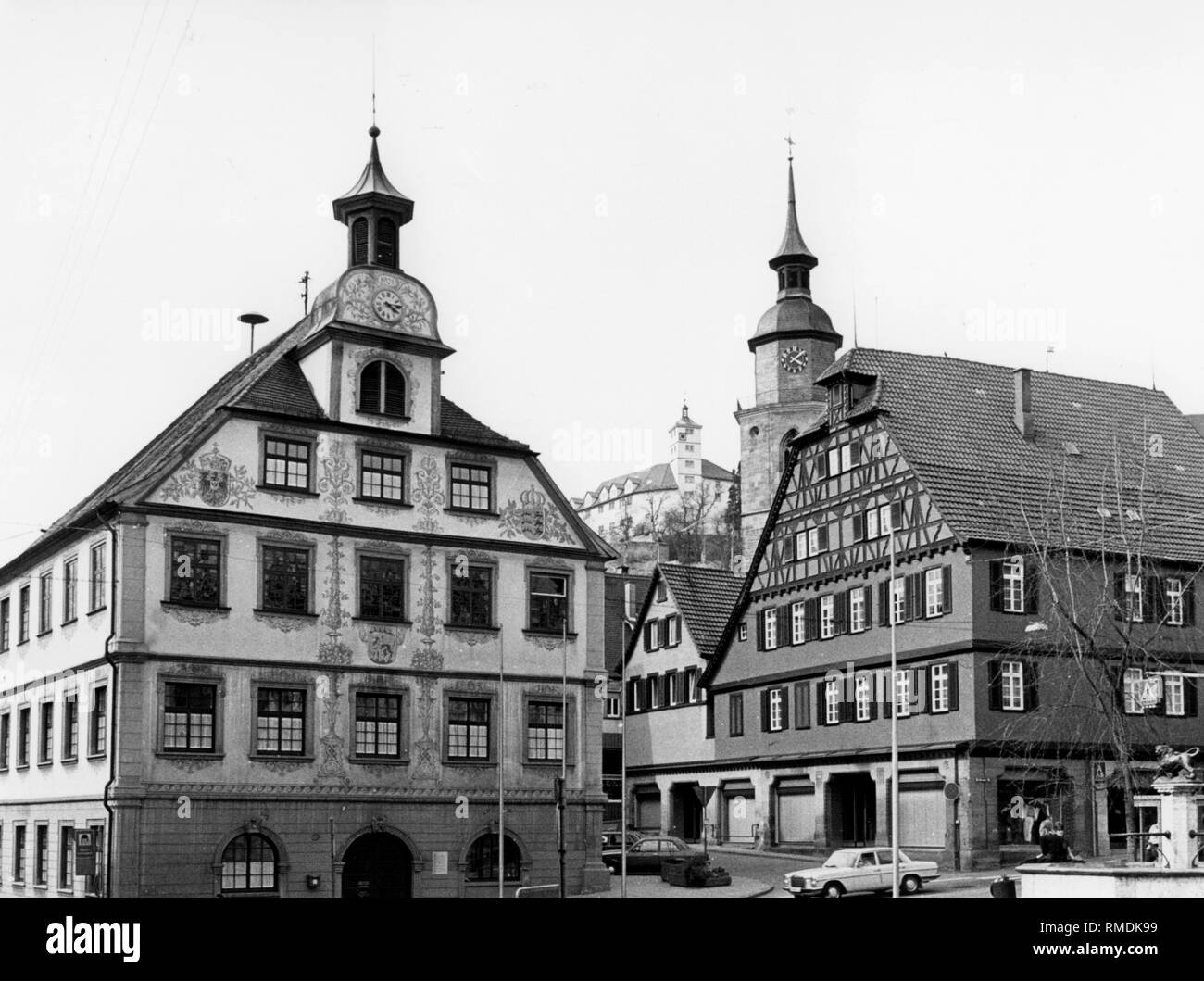 The town hall in Vaihingen. In the background, the Kaltenstein Castle. Stock Photo
