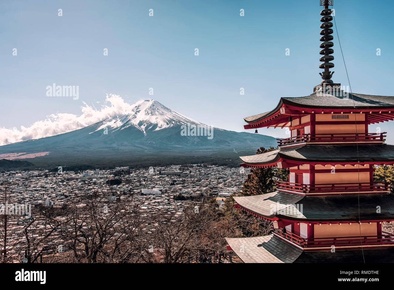 Famous Place of Japan with Chureito pagoda and Mount Fuji at sunset Stock Photo