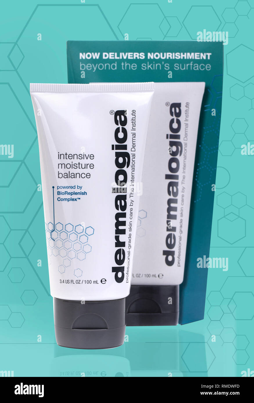 Dermalogica  intensive moisture balance Skin Care on a light blue background Stock Photo