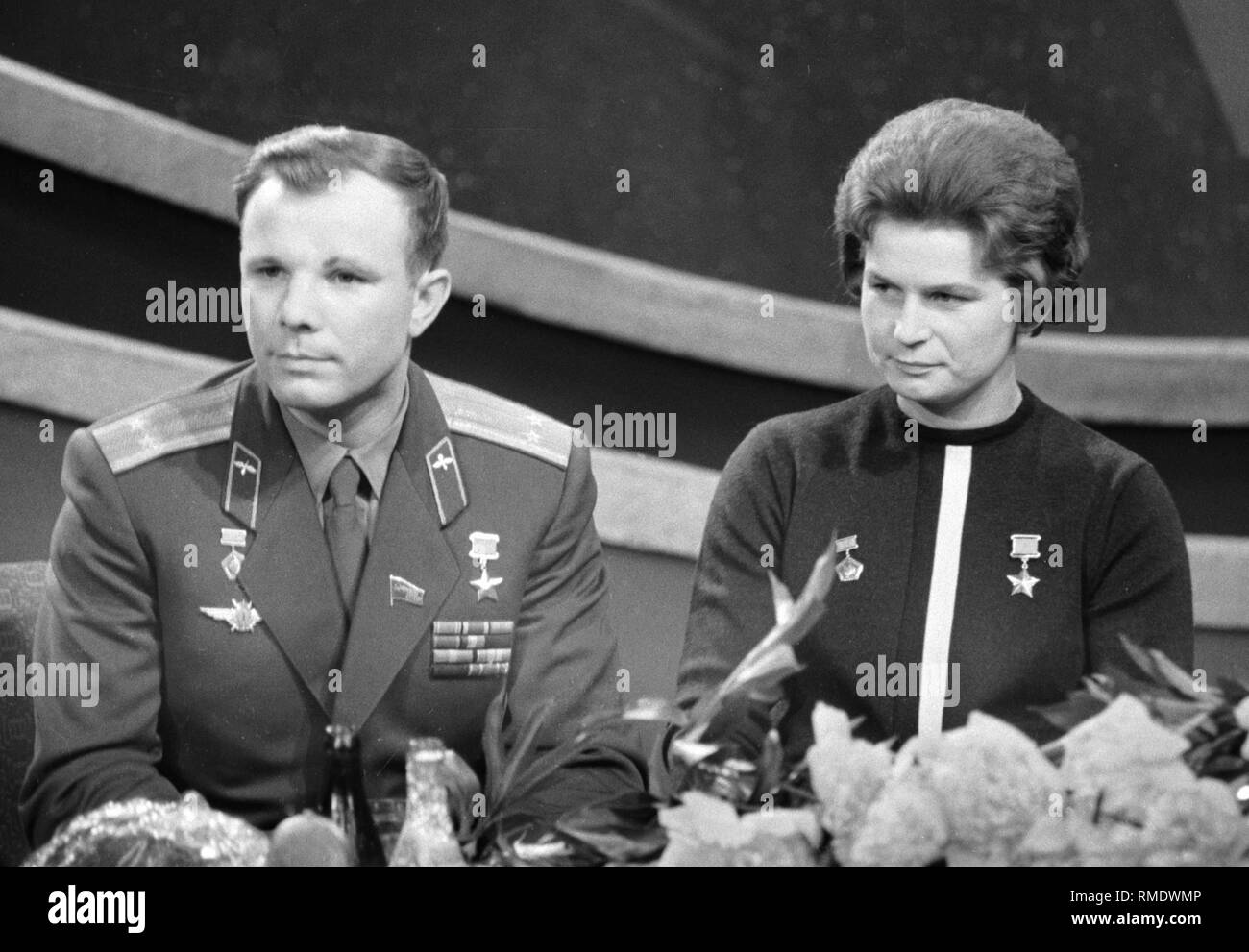 The cosmonauts Yuri Gagarin and Valentina Tereshkova. Photograph Stock Photo