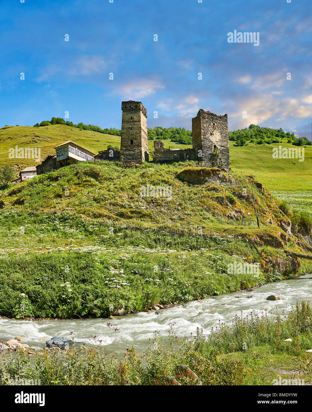 Stone medieval Svaneti tower houses of Davberi village in the Caucasus mountains, Upper Svaneti, Samegrelo-Zemo Svaneti, Mestia, Georgia.  A UNESCO Wo Stock Photo