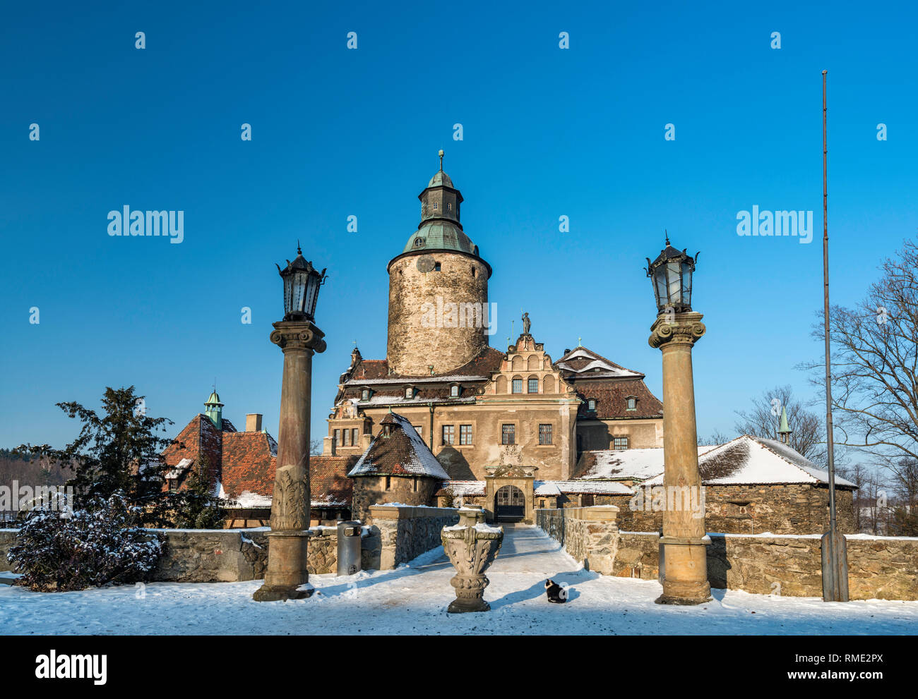 Czocha Castle, 14th century, rebuilt in early 20th century, hotel, in winter, near village of Lesna, Lower Silesia, Poland Stock Photo