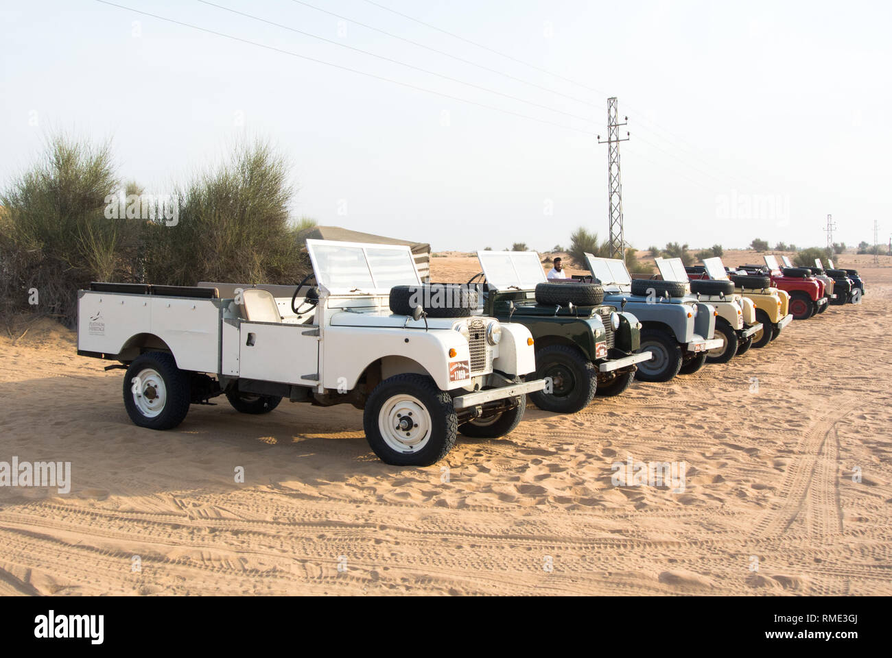 Trucks ready for a desert safari, Dubai, UAE Stock Photo Alamy