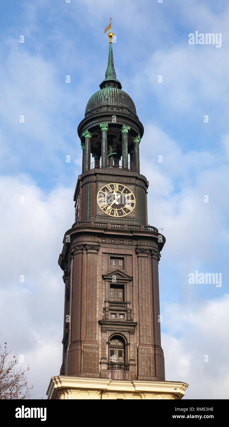 The 132-meter high Baroque spire totally covered with copper of St. Michael Church in Hamburg, Germany Stock Photo