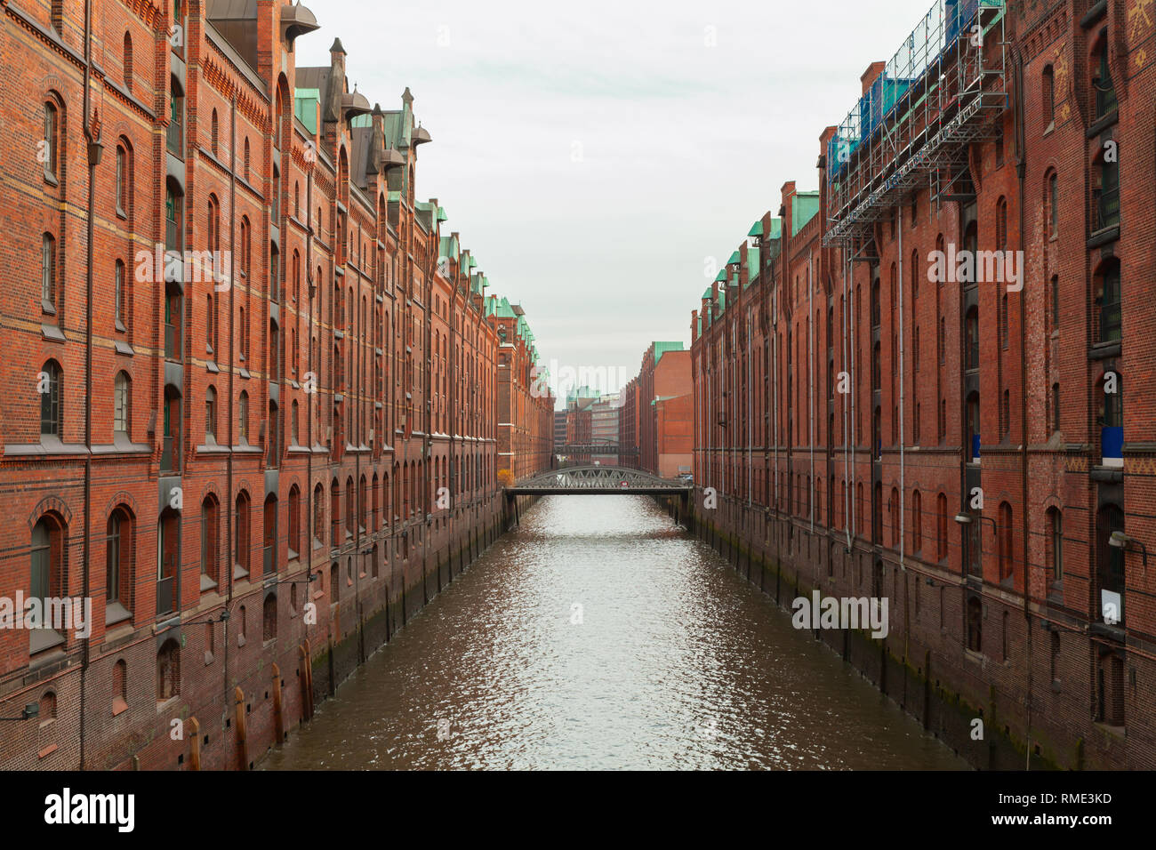 Perspective view of Brooksfleet. The Speicherstadt, warehouse district in Hamburg, Germany, the largest warehouse district in the world where the buil Stock Photo