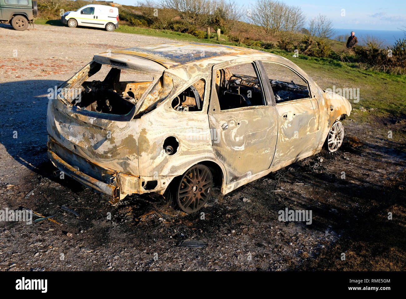 Ford Focus. burnt out, St Boniface Down, Vemtnor, Isle of Wight, England, UK, Stock Photo