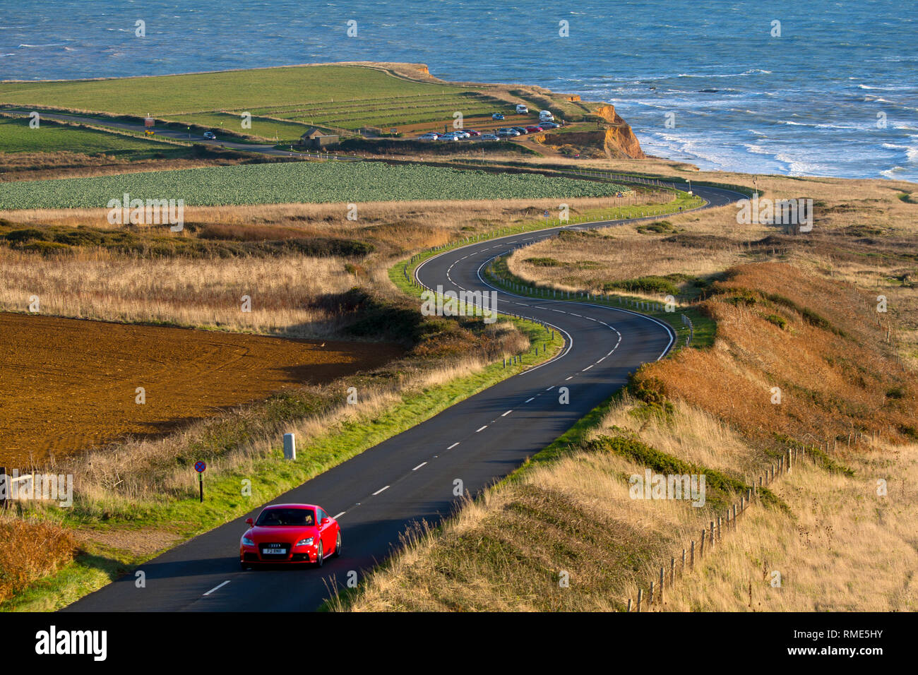 sports,car,speed,sweeping,curves,coastal,road,fast,s,bend,UK, Isle of Wight, Compton Bay, Military Road Stock Photo