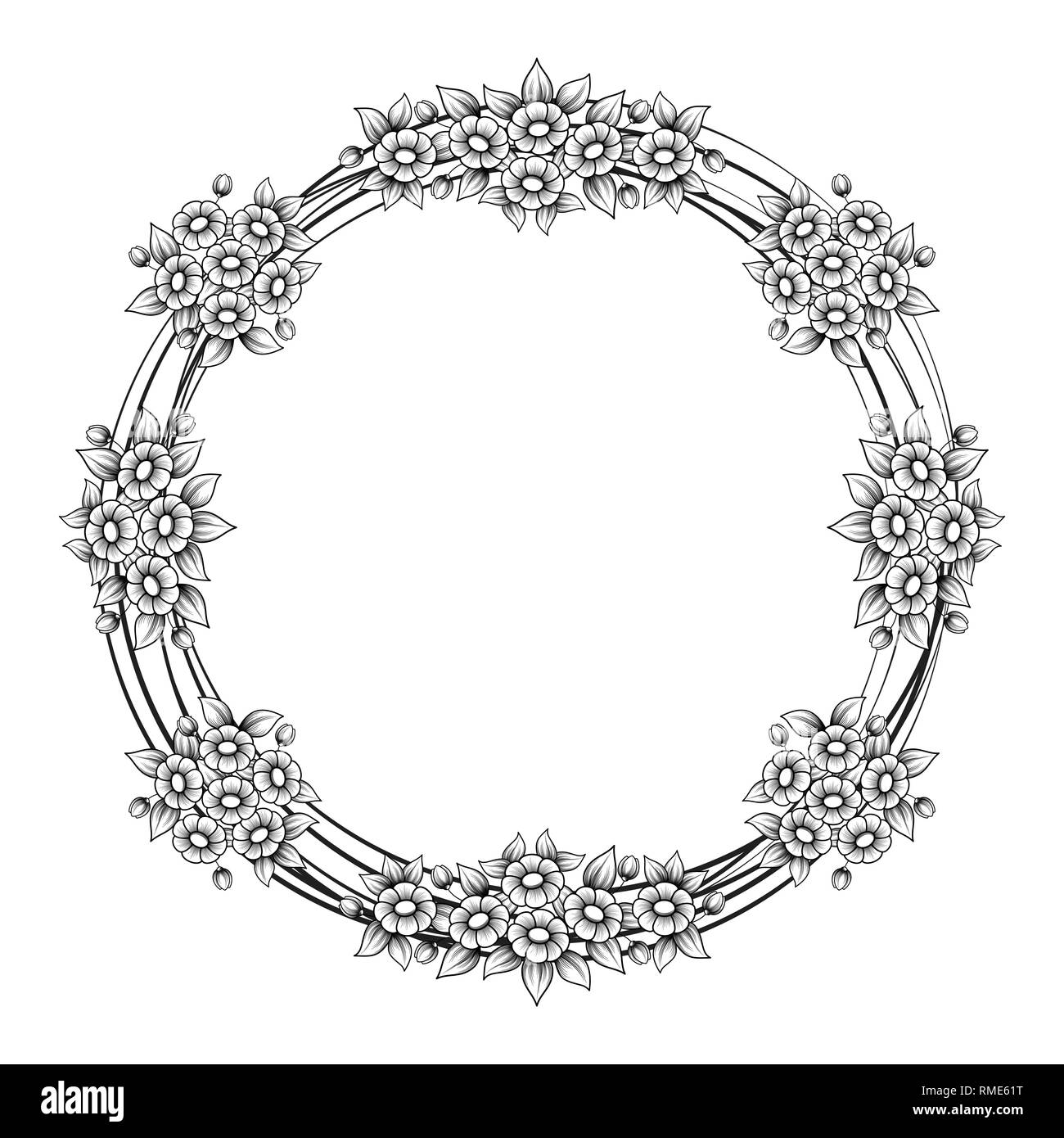 Circle black and white frame with daisy flower patterns isolated on white background Stock Vector