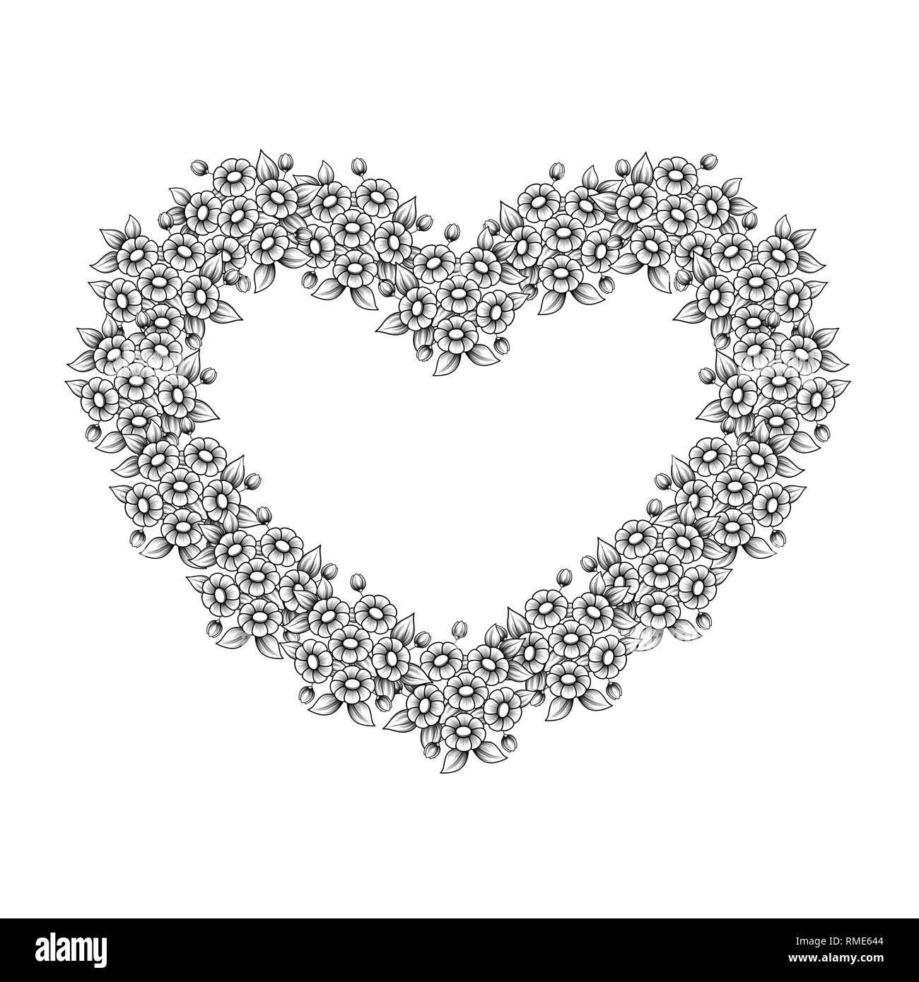 Black and white floral heart frame isolated on white background Stock Vector