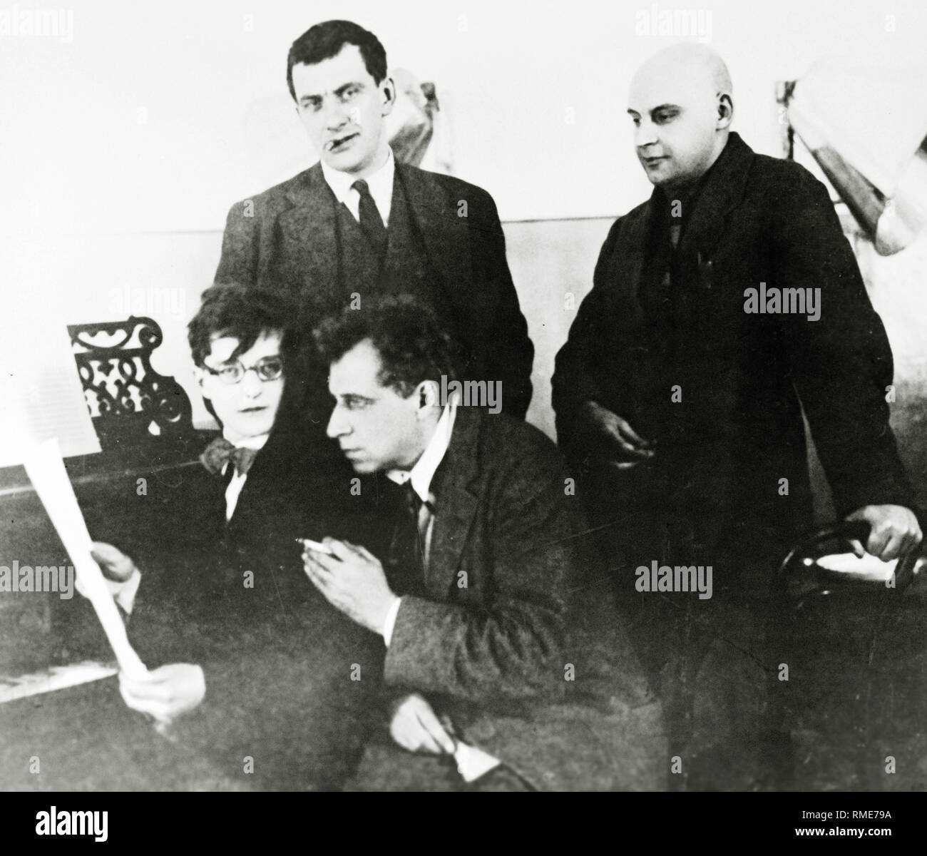 Dmitri Shostakovich, Vladimir Mayakovsky, Vsevolod Meyerhold and Alexander Rodchenko. Photograph Stock Photo