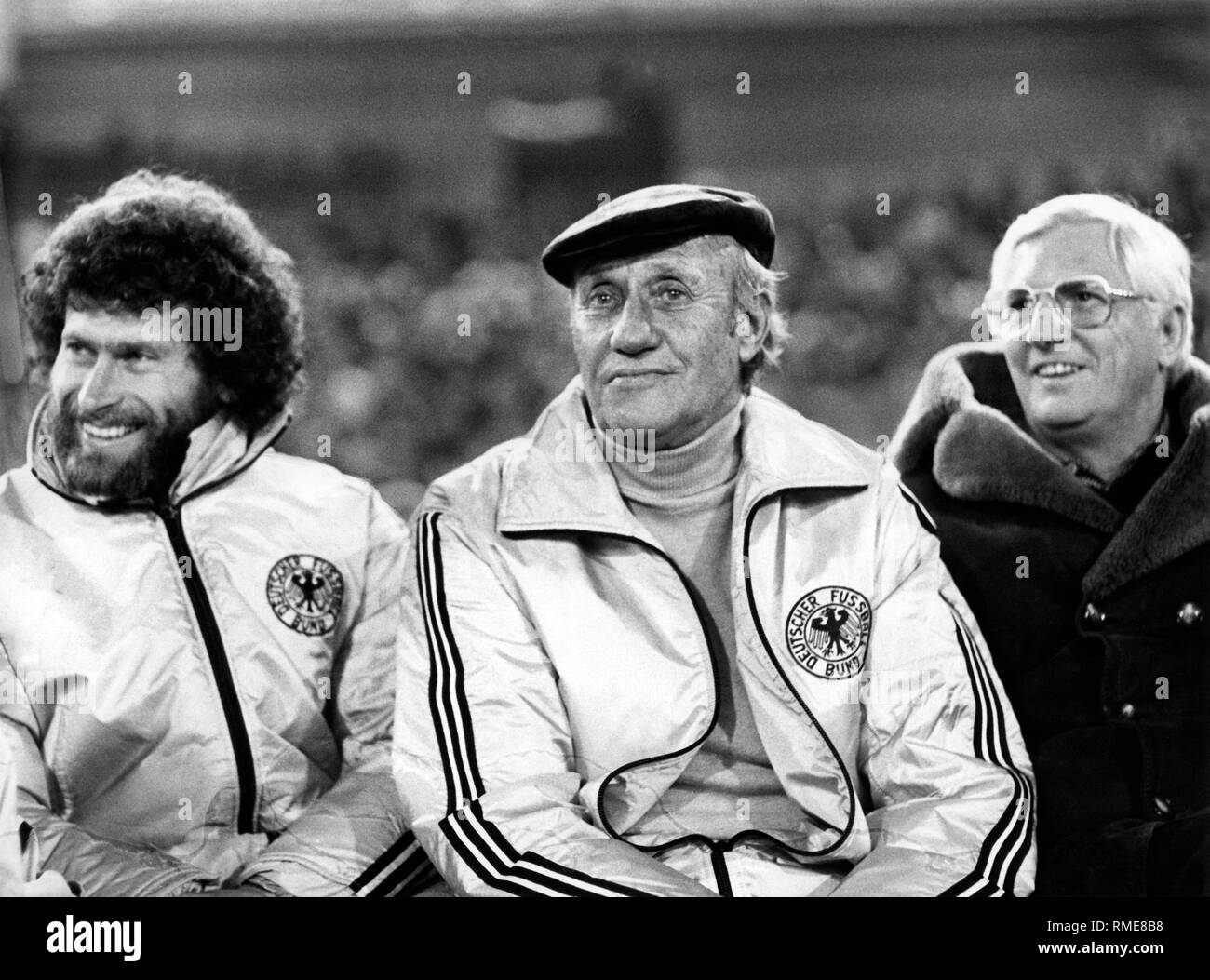 Paul Breitner, Helmut Schoen and Jupp Derwall at the farewell match of Juergen Grabowski in Frankfurt. Stock Photo