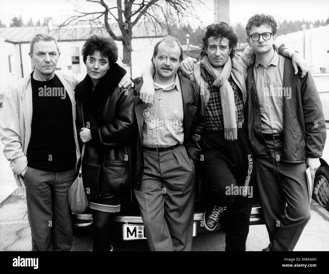 Film director Peter F. Bringmann (middle) and the actors of the ARD movie 'Gambit' (from left to right): Heinz Bennet, Despina Pajanou, Rolf Zacher and Dominic Raacke. Stock Photo