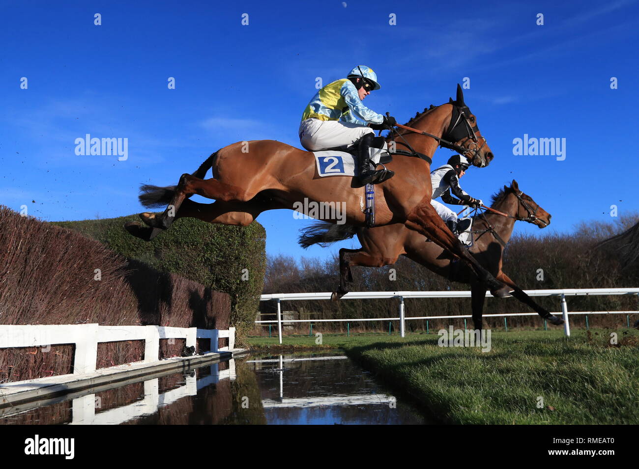 Militarian ridden by James Martin (back) wins the Fernie Chase ahead of Knockmaole Boy ridden by Hugh Nugent at Leicester Racecourse. Stock Photo