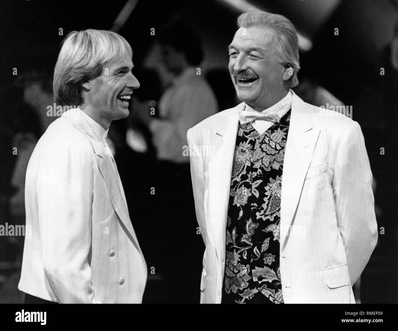 The musician James Last (Hans Last) together with the French pianist Richard Clayderman (l.) at the TV show ARD-Wunschkonzert. Stock Photo
