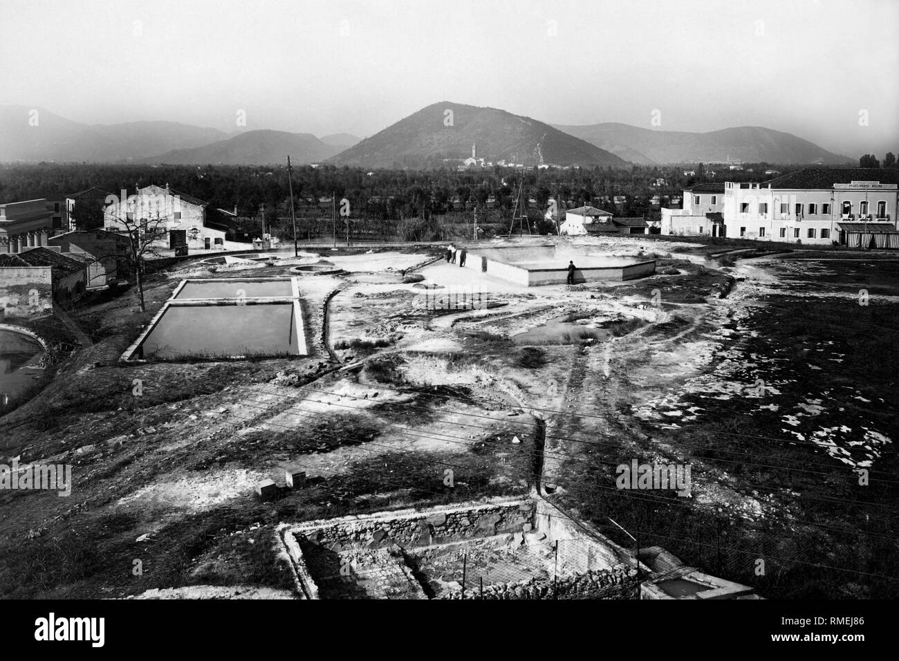 italy, view of the montirone spring in abano terme, 192030