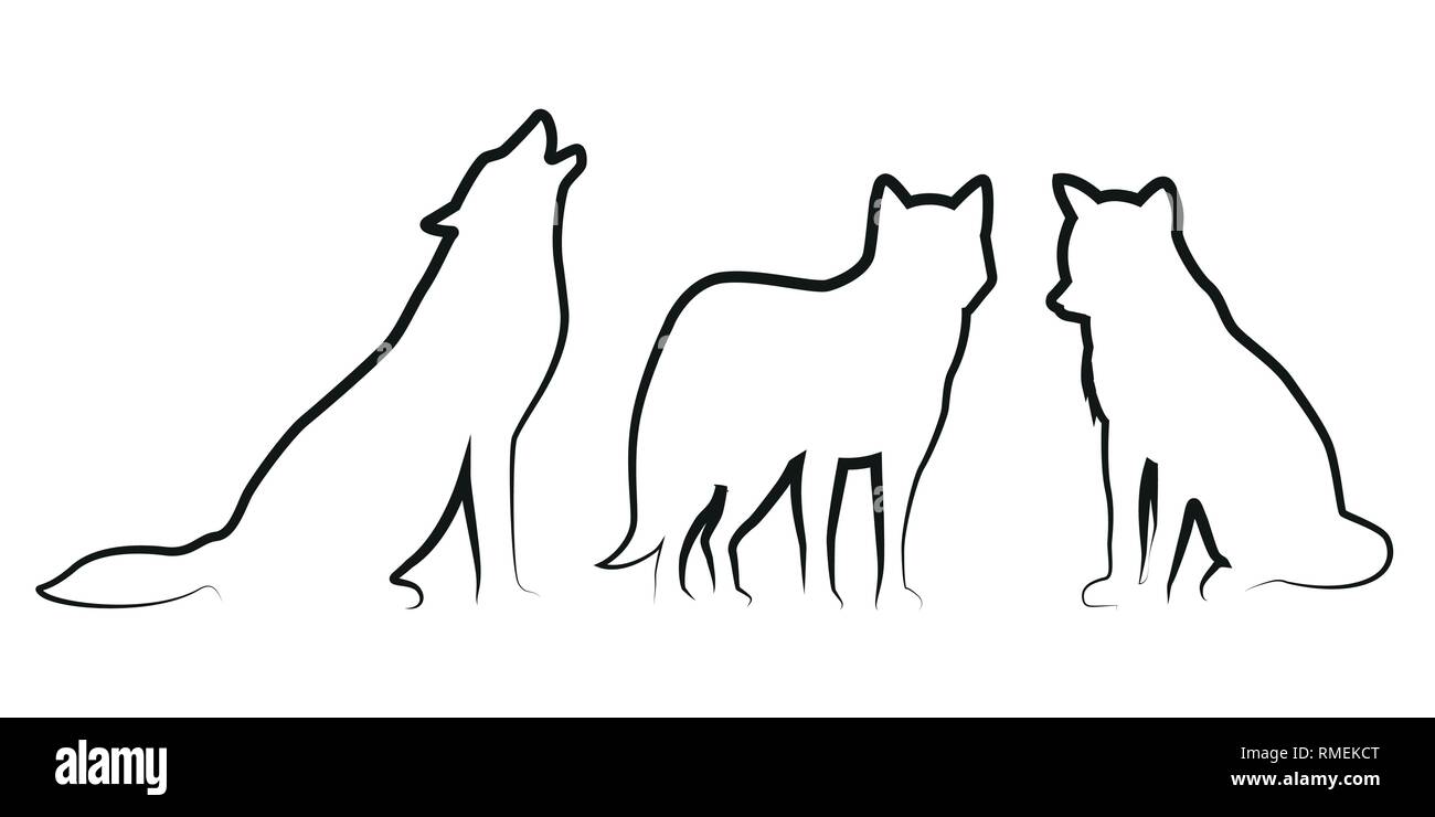 set of wolf dog line drawing silhouette vector illustration EPS10 Stock Vector