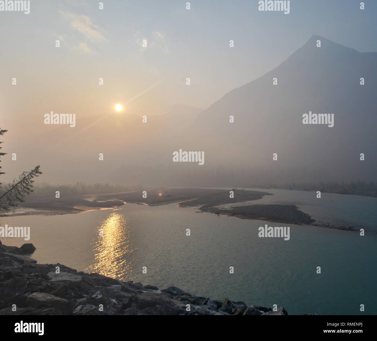 Forest fire smoke in Kootenay National Park, British Columbia, makes a ...