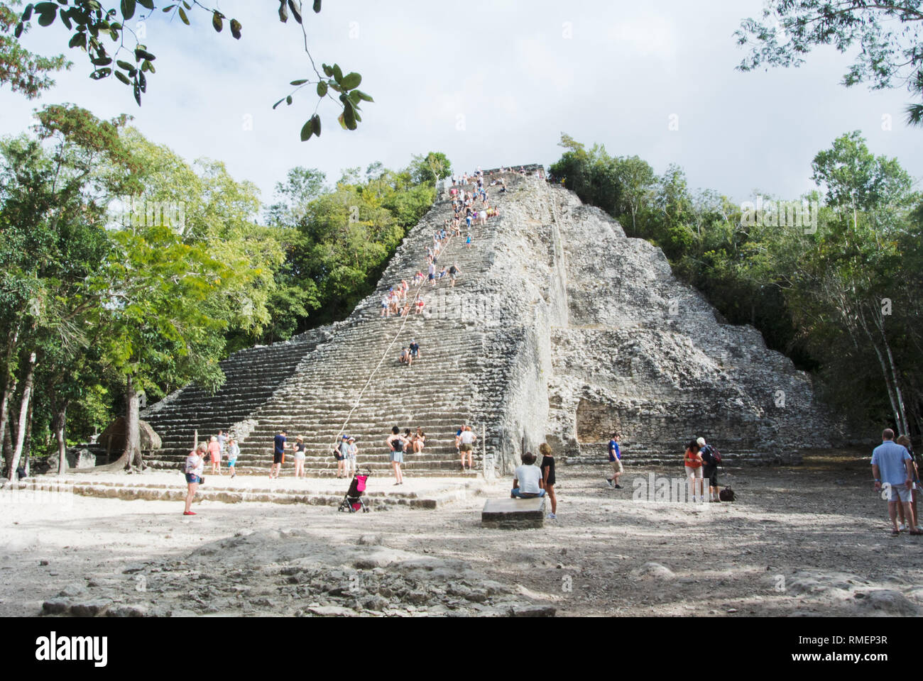 Climbing Ixmoja, the temple pyramid of Coba, Mexico Stock Photo