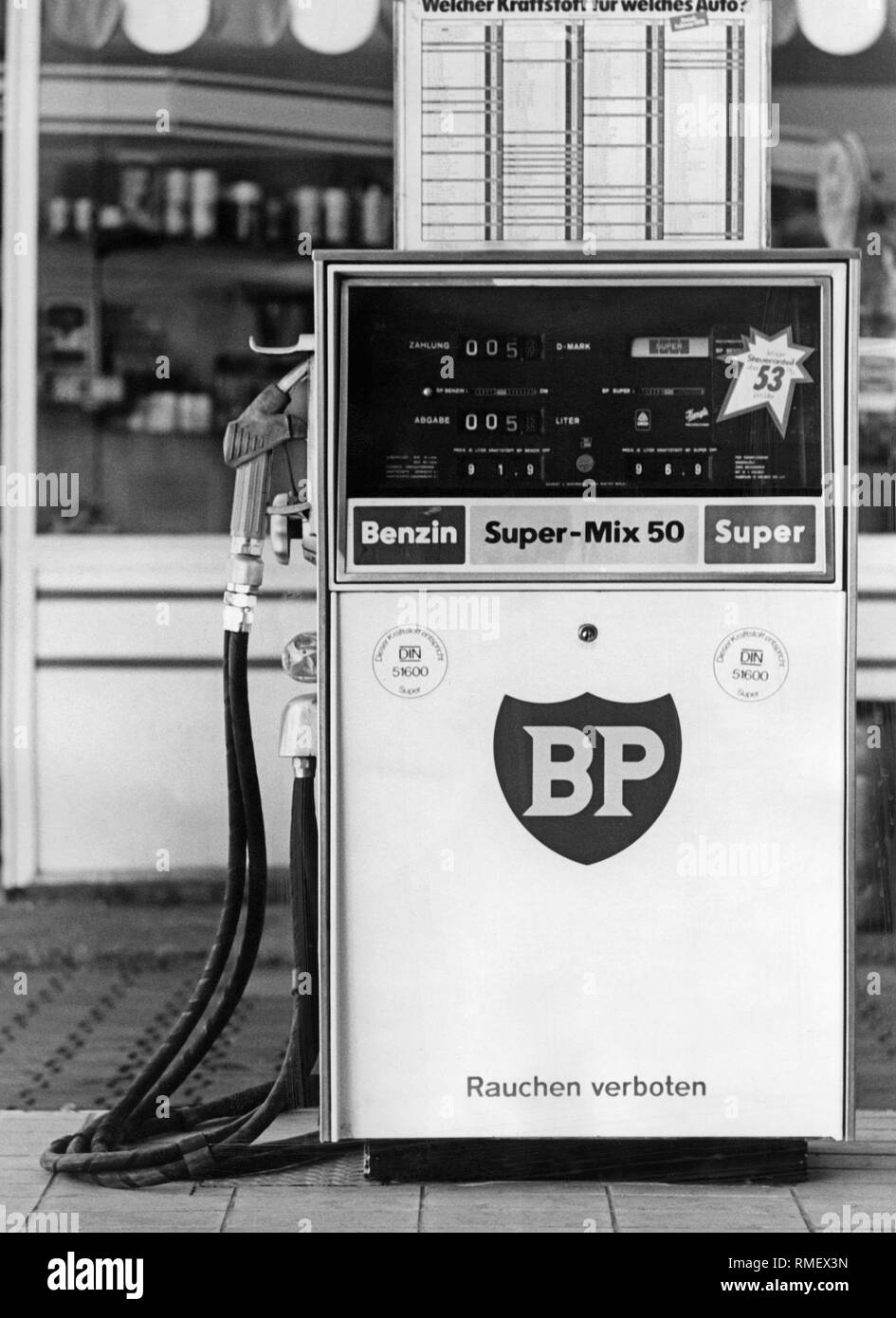 A BP dispenser at a motorway service area near Munich indicates a price of 96.9 pfennigs for the liter of petrol. Stock Photo
