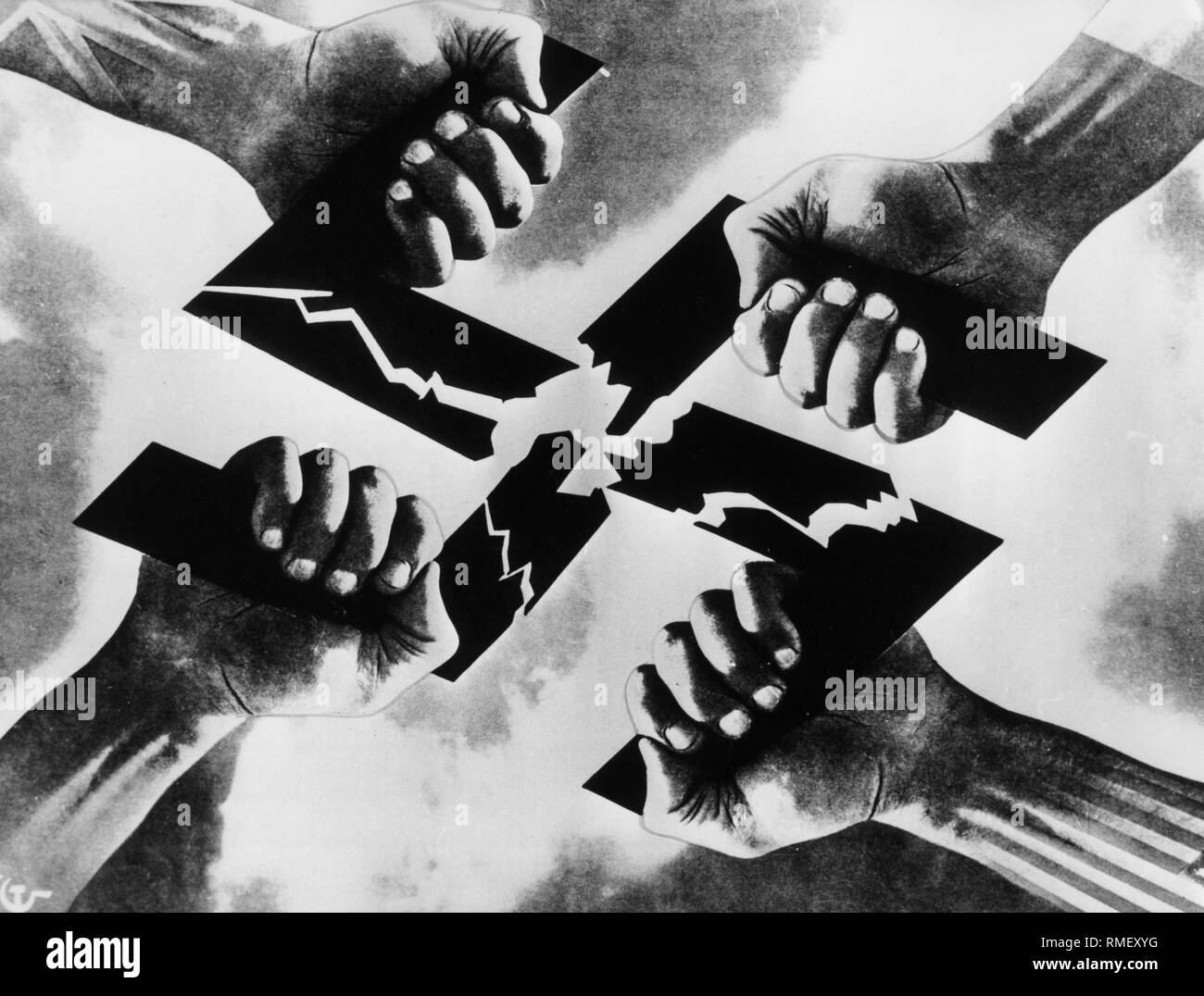 Four hands symbolizing the Allies (US, UK, France, Soviet Union) tear a swastika. Stock Photo