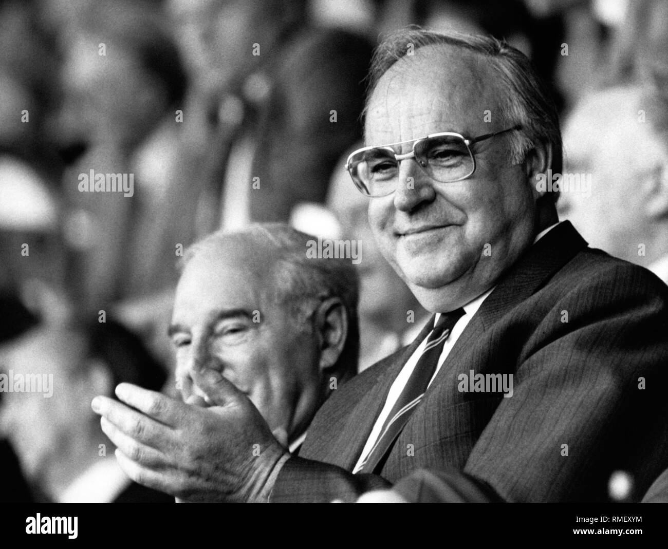 Chancellor Helmut Kohl at the opening match of the 1988 European Football Championship between Germany and Italy at the Duesseldorf Rheinstadion. Stock Photo