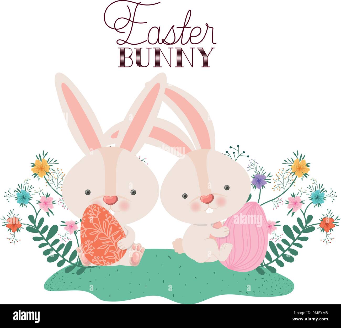 easter bunny label with egg and flowers icon Stock Vector Image & Art ...