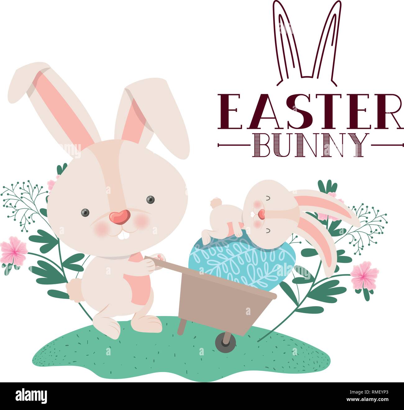easter bunny label with egg and flowers icon Stock Vector Image & Art ...