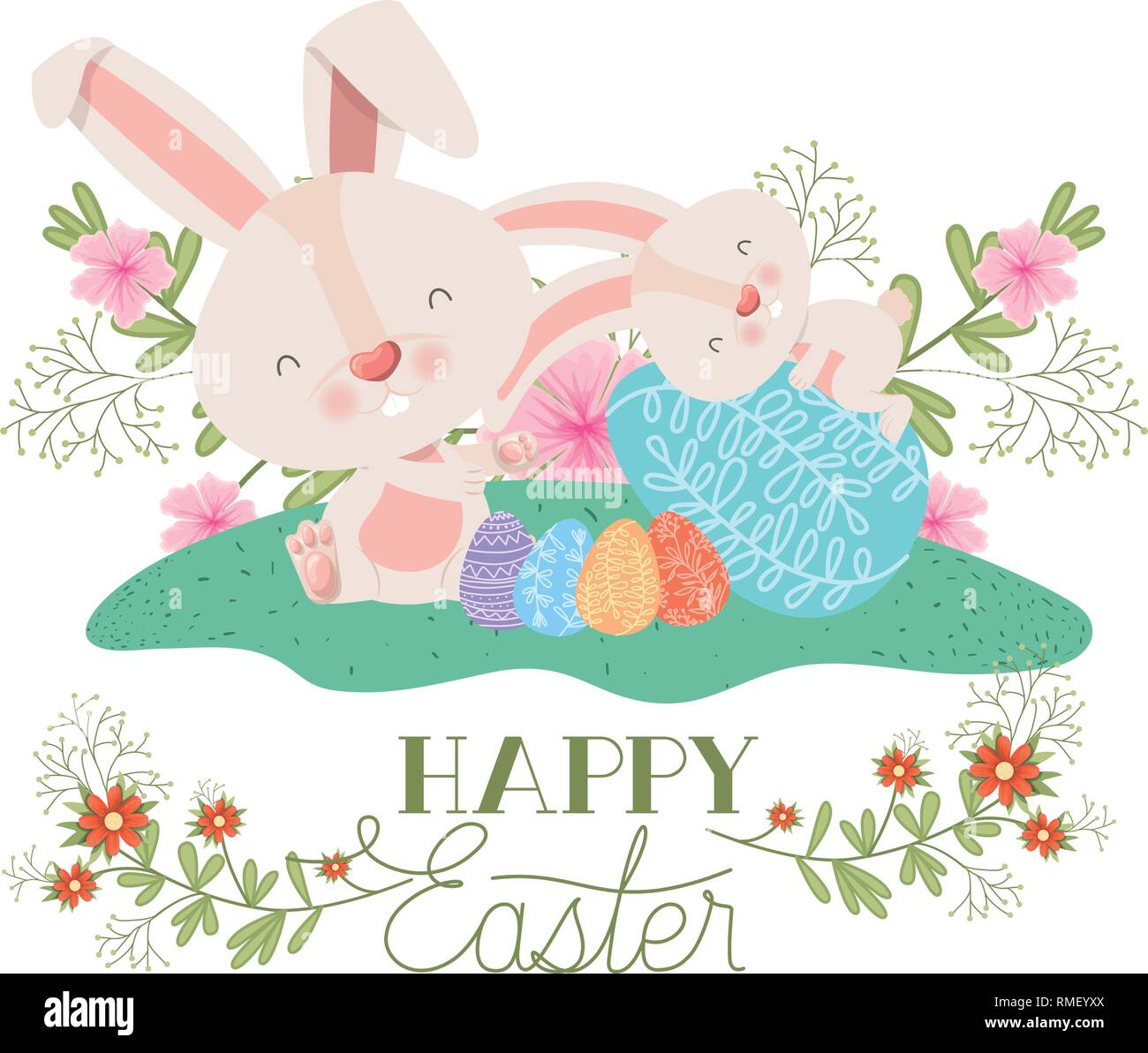 happy easter label with egg and flowers icon Stock Vector Image & Art ...
